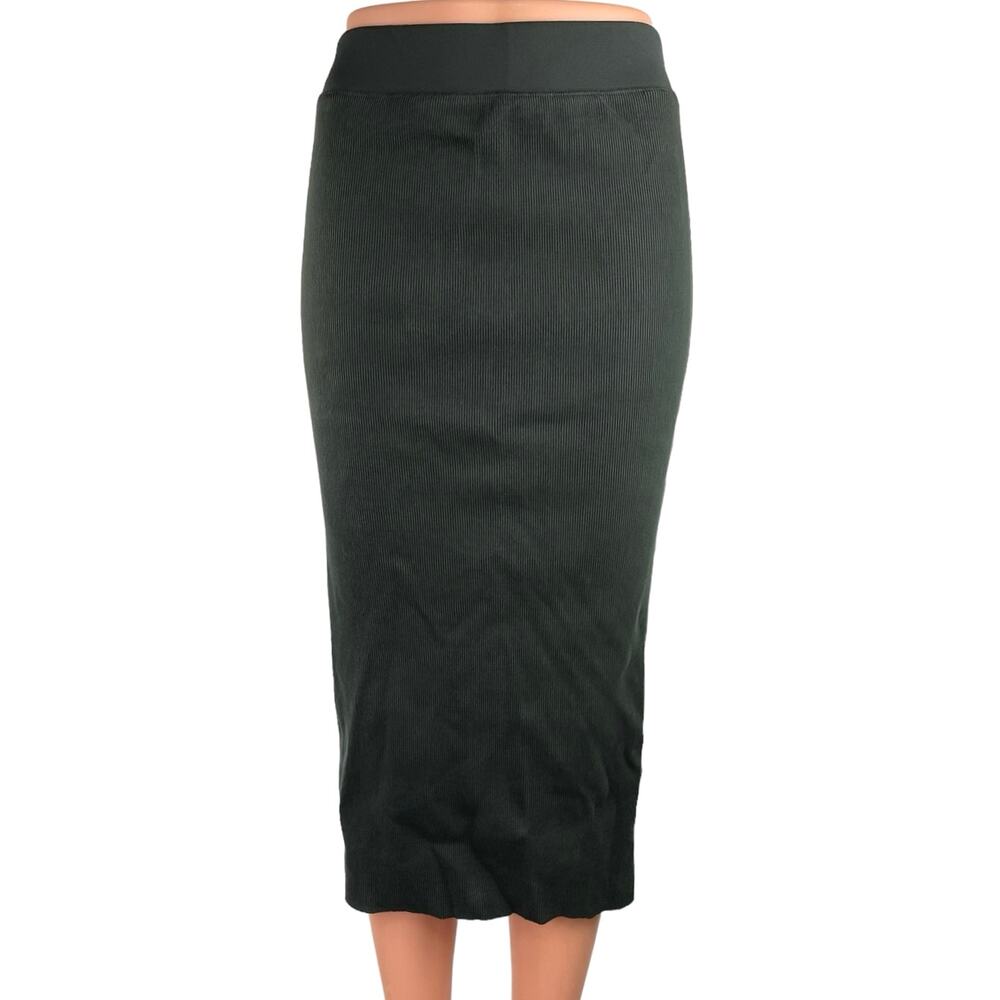 James Perse Los Angeles Black Bodycon Ribbed Knit Back Slit Calf Length Skirt 1